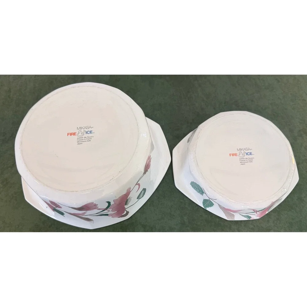 Mikasa Fire & Ice Silk Flowers AA009 Casserole Dish Set 2pc Pink Floral Japan
